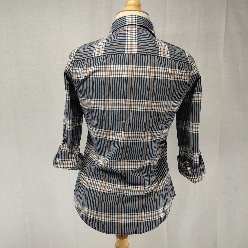 Pendelton Plaid  Button-up Rolled-Sleeve Blouse with Collar Navy/ Tan Sz XS - Picture 4 of 8